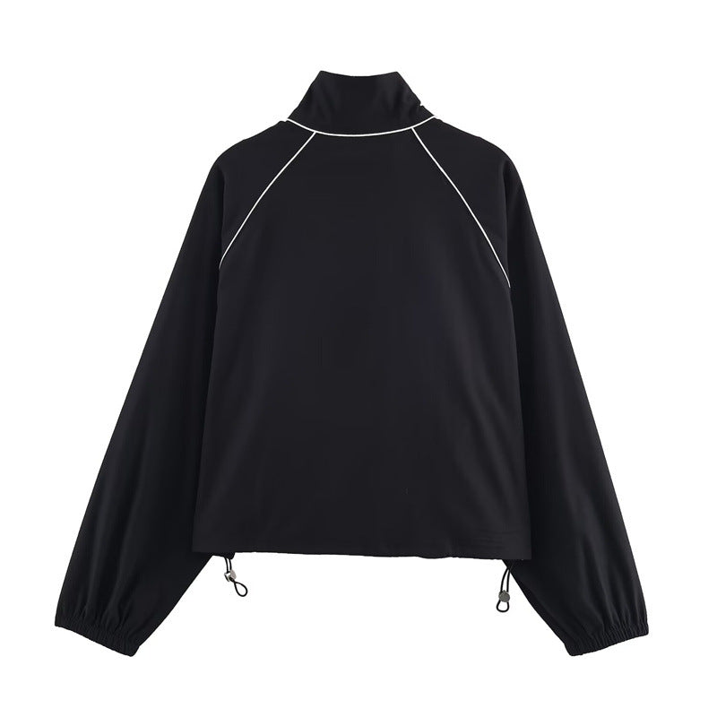 Dames Sportieve Nylon Jas Zwart Rits Contrast