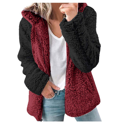 Dames Fleece Vest Zacht met Capuchon en Contrasterende Mouwen
