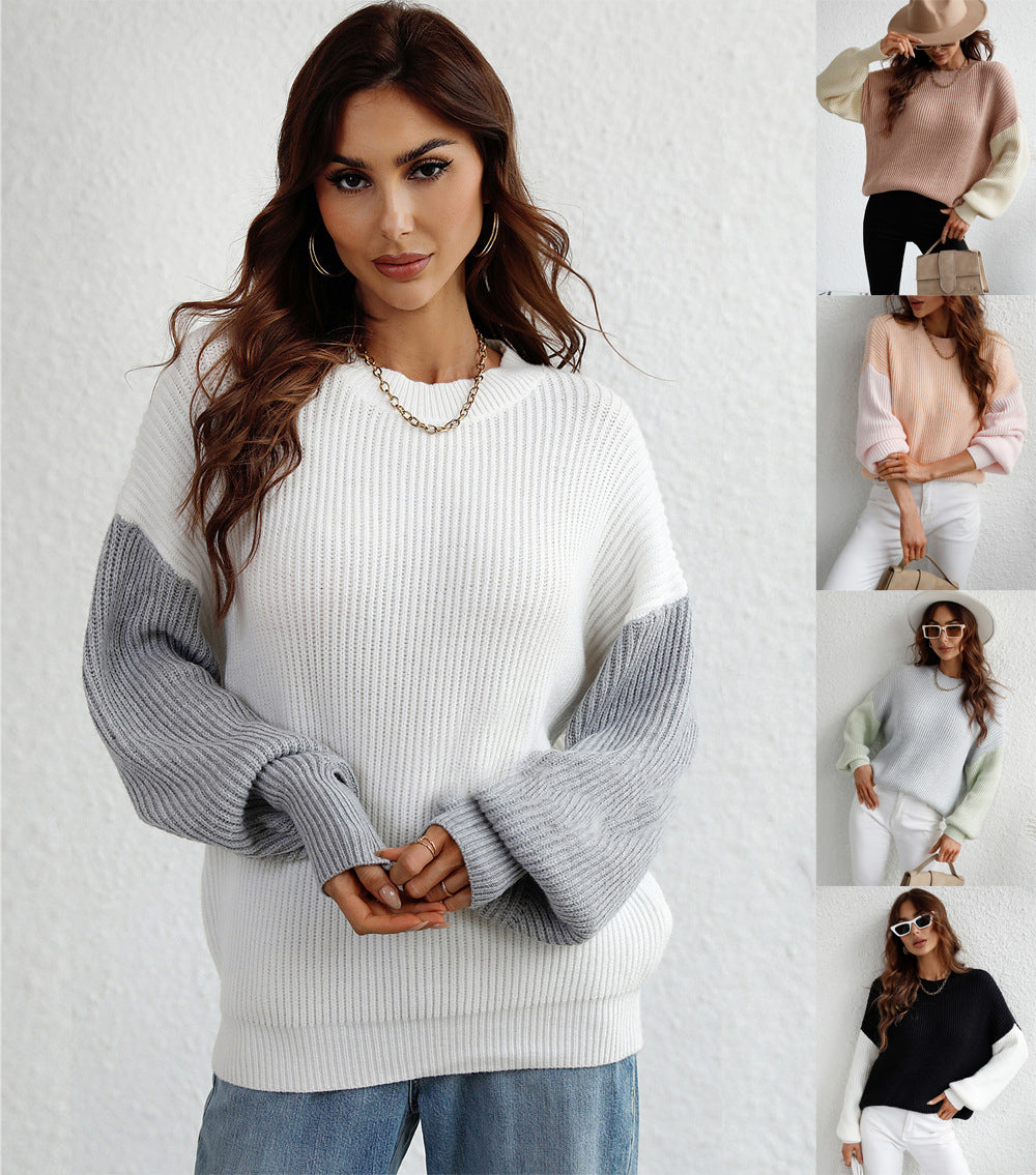 Dames Trui Ronde Hals met Contrasterende Mouwen Elegante Stijl