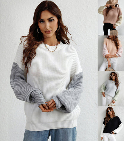 Dames Trui Ronde Hals met Contrasterende Mouwen Elegante Stijl