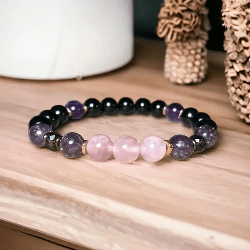 Rozenkwarts Armband met Obsidiaan en Amethist Edelstenen