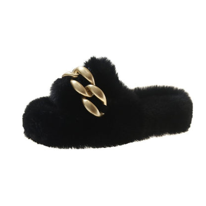 Dames Faux Fur Slippers Luxe met Ketting Detail