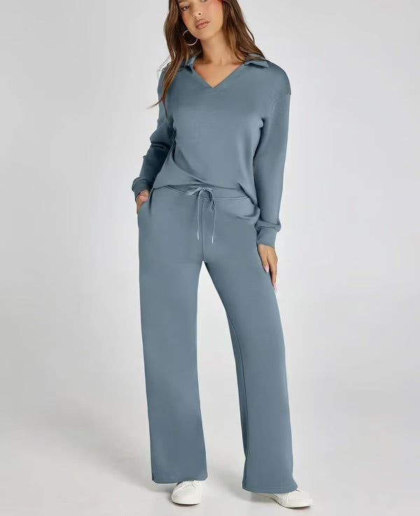 Dames Tweedelige Set met V-Hals Sweater en Wijde Broek – Comfort voor Herfst & Winter