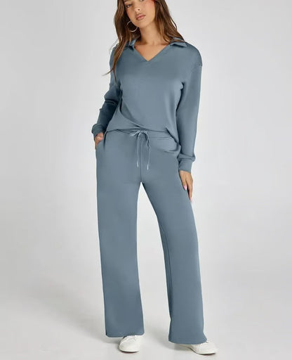 Dames Tweedelige Set met V-Hals Sweater en Wijde Broek – Comfort voor Herfst & Winter