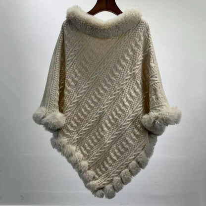 Dames Gebreide Sjaal Cape met Kunstbont Kraag
