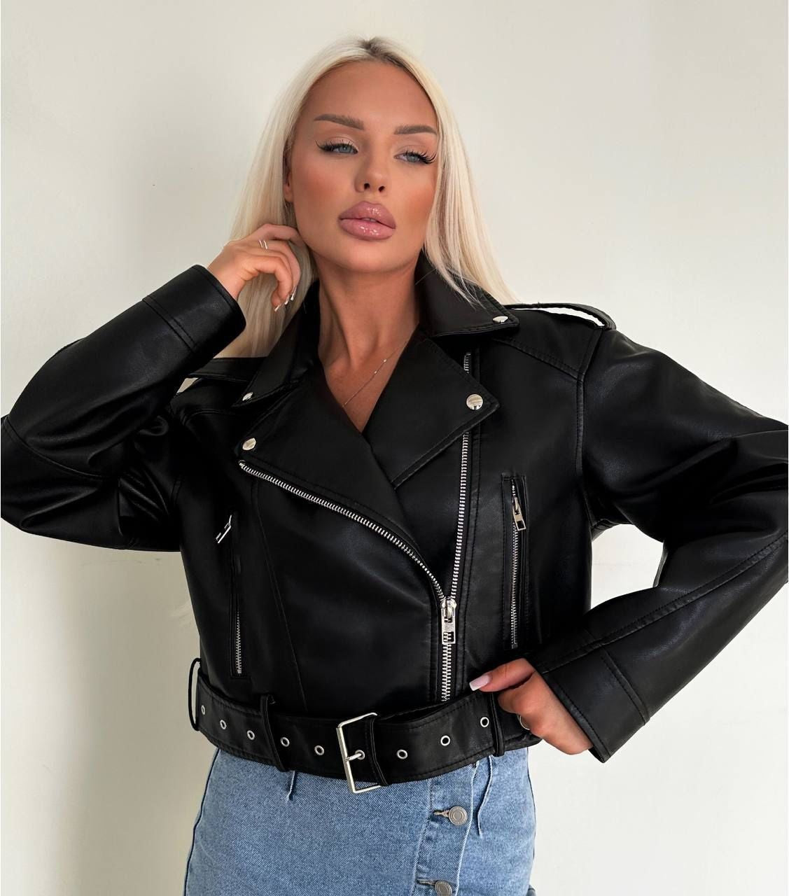 Dames Bikerjas Kort Leder Trendy Model