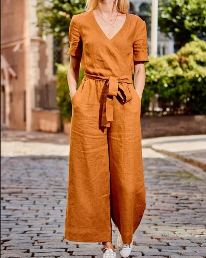 Vrouwelijke Jumpsuit Korte Mouwen Met Riem - Mode Vibes