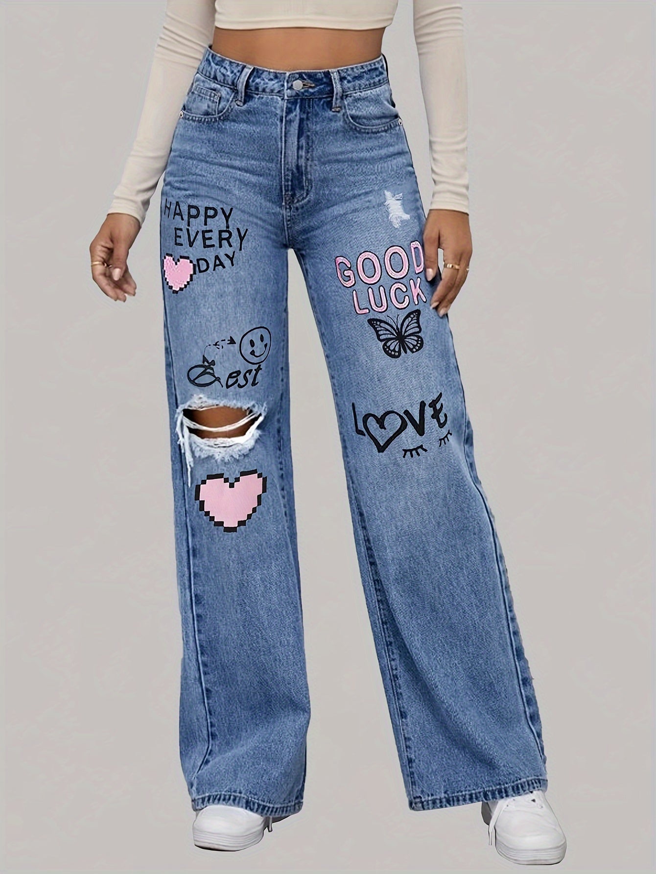 Dames Jeans met Grappige Hartjes en Kleurrijke Prints