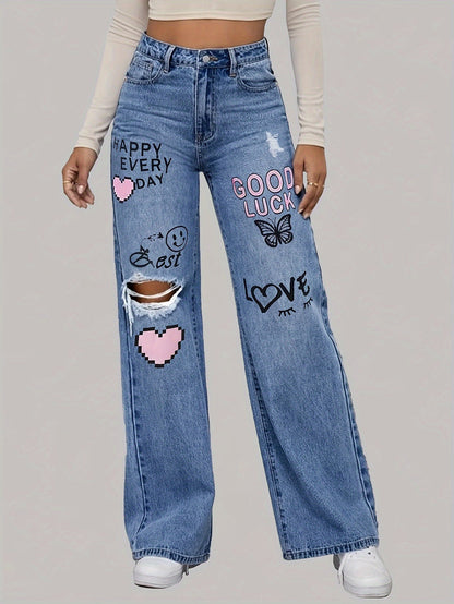 Dames Jeans met Grappige Hartjes en Kleurrijke Prints