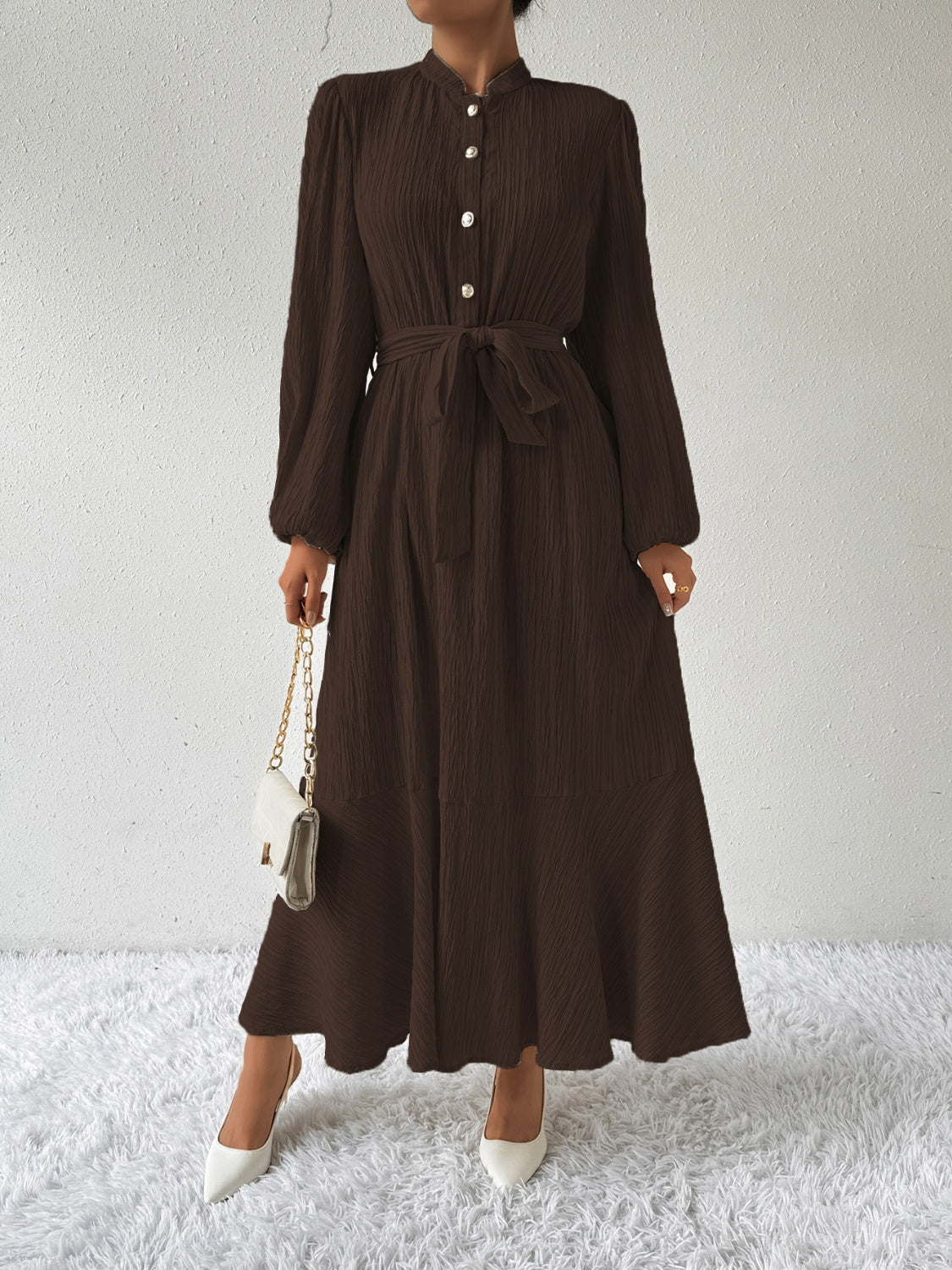 Vrouwelijke Jurk met Lange Mouwen en Taille Accent