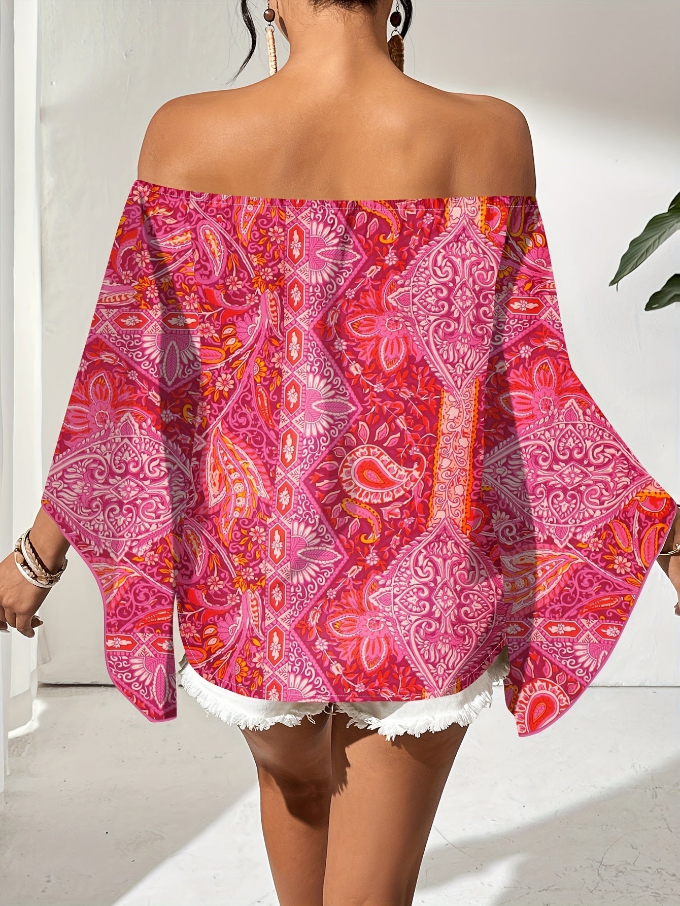 Vrouwelijke Blouse Off-Shoulder Geometrische Print