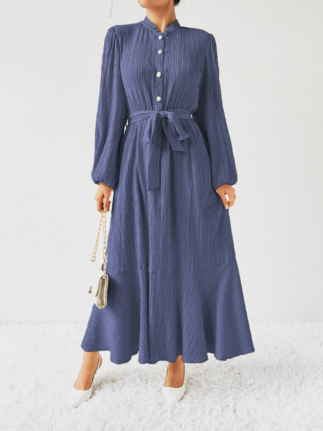 Vrouwelijke Jurk met Lange Mouwen en Taille Accent