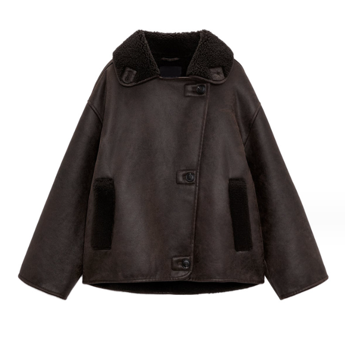 Dames Faux Leren Pilotenjas Oversized met Teddy Voering en Zakken