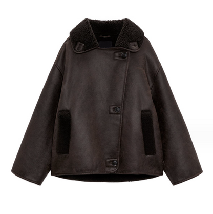 Dames Faux Leren Pilotenjas Oversized met Teddy Voering en Zakken