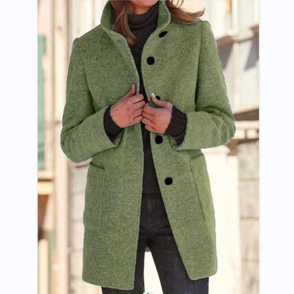 Dames Wollen Jas Elegante Opstaande Kraag Met Knopen