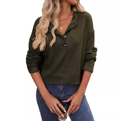 Dames Top Geribd Lange Mouwen met Knopen - Basic Trendy