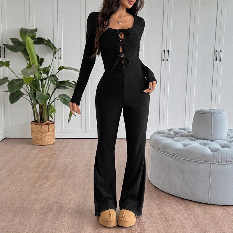 Dames Jumpsuit Slimfit Aansluitend met Strikdetail en Wijde Pijpen