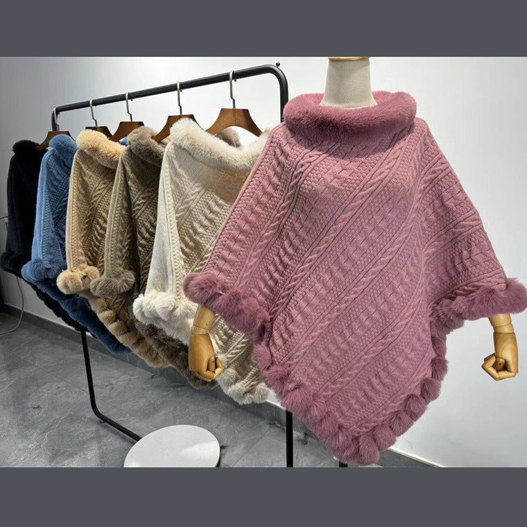 Dames Gebreide Sjaal Cape met Kunstbont Kraag