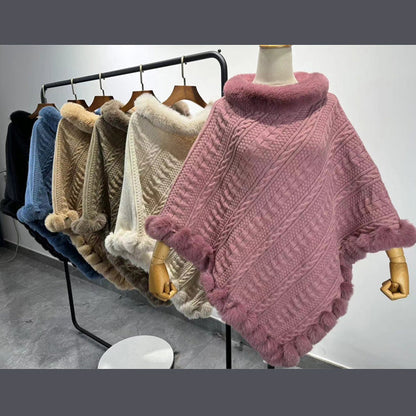 Dames Gebreide Sjaal Cape met Kunstbont Kraag