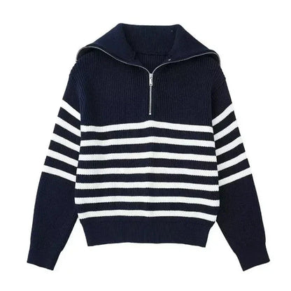 Damian | Gestreepte rits trui in de kleur Marineblauw voor heren in stijl ideaal voor de winter