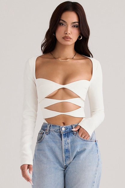 Witte Crop Top Lange Mouw voor Vrouw Met Uitsnijding - Mode Vibes