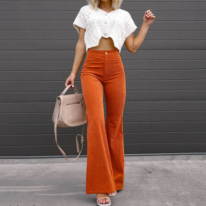 Dames Flared Broek met Hoge Taille – Corduroy en Retro Look