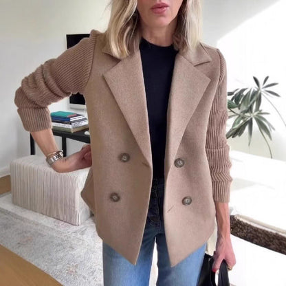 Dames Blazer Wollen Look Gebruik met Gebreide Mouwen en Dubbele Knoop