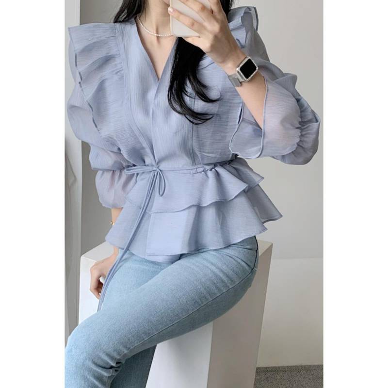 Dames Blouse met Strikceintuur en Overslag Henna Rood - Mode Vibes