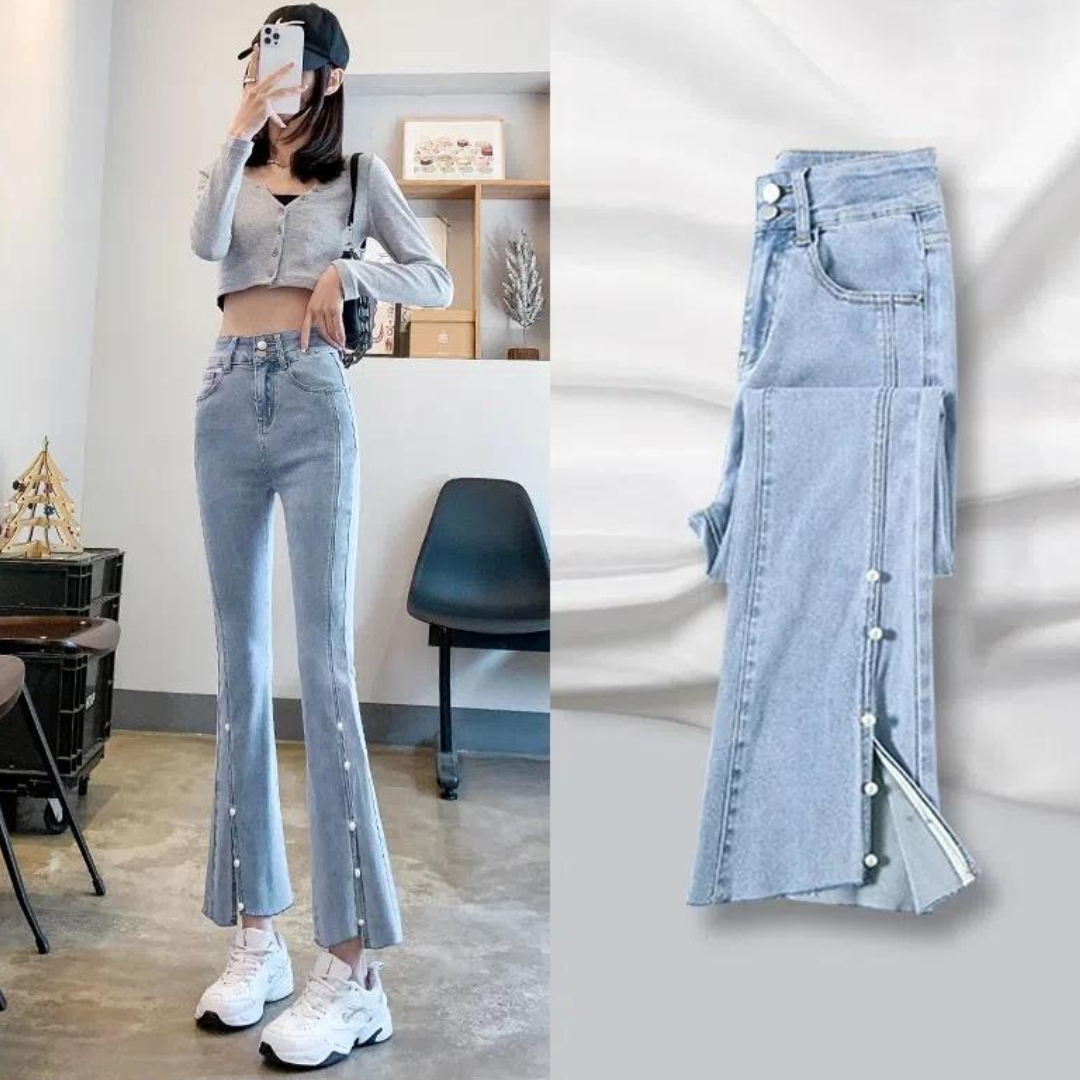 Vrouwelijke Spijkerbroek Parel Patroon Jeans - Mode Vibes