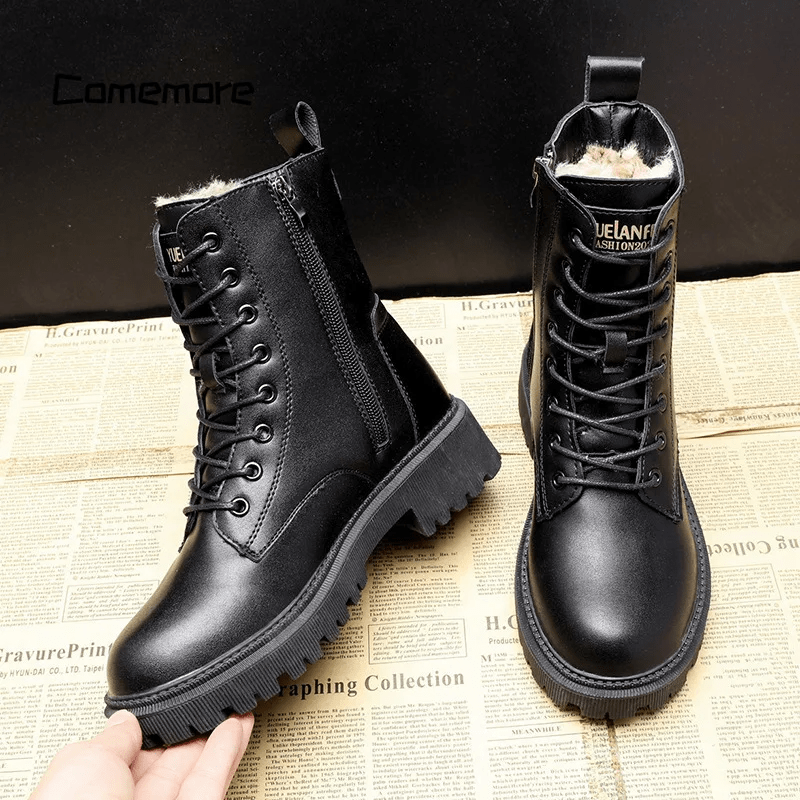 Dames Leren Winterboots Zwarte Luxe Stijl