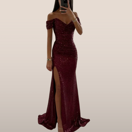Avondjurk Off-Shoulder Pailletten Jurk met Diepe Split - Mode Vibes