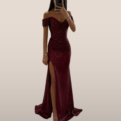 Avondjurk Off-Shoulder Pailletten Jurk met Diepe Split - Mode Vibes