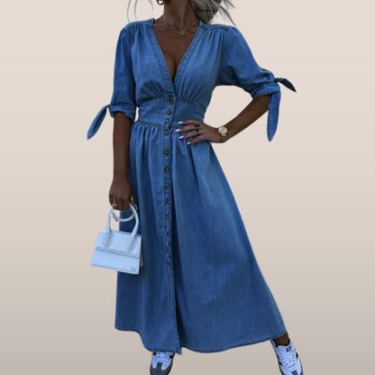 Maxi Jurk Denim Blauw met Knopen en Strikmouwen - Mode Vibes