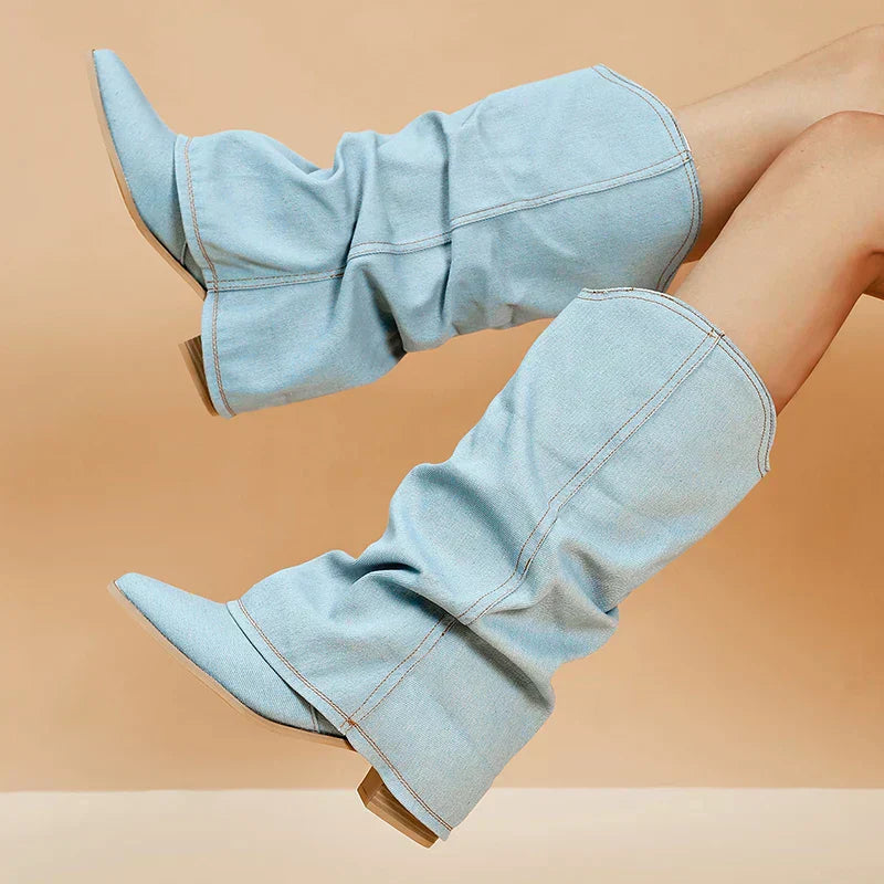 SORELLE Denim Laarzen Met Strik Detail - Mode Vibes