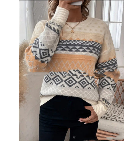 Dames Trui Warm Gebreid Aztec Print Rensy
