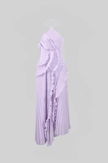 Geplooide Halter Midi Jurk met Waterval Ruches – Lavendel