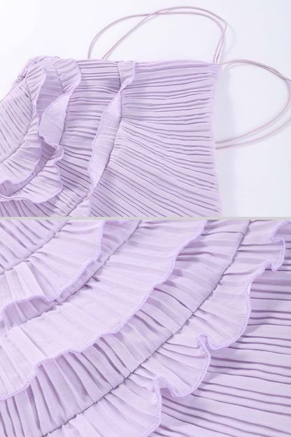 Geplooide Halter Midi Jurk met Waterval Ruches – Lavendel
