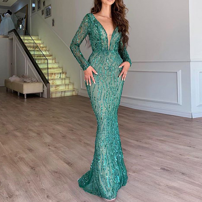 Paillettenjurk Enkellang Met Lange Mouwen Glitterjurk Feestelijk - Mode Vibes
