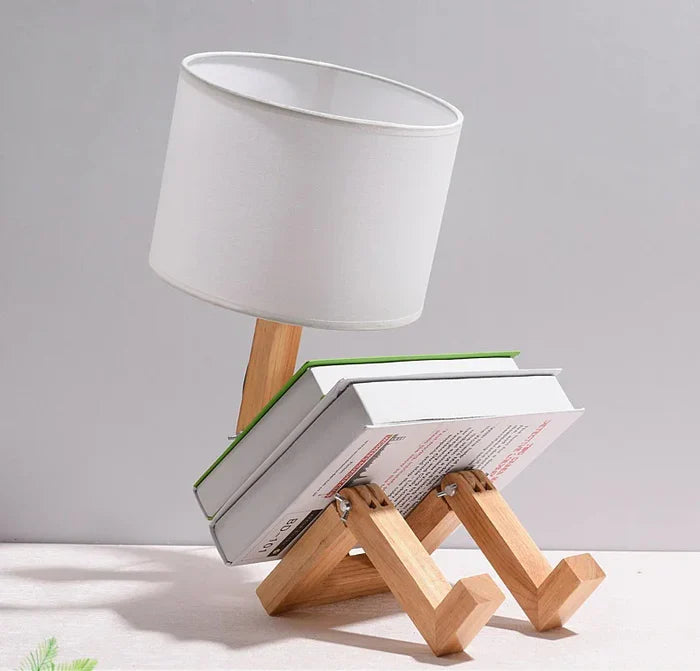 Houten Tafellamp met Boekenrek en Dimbare Verlichting