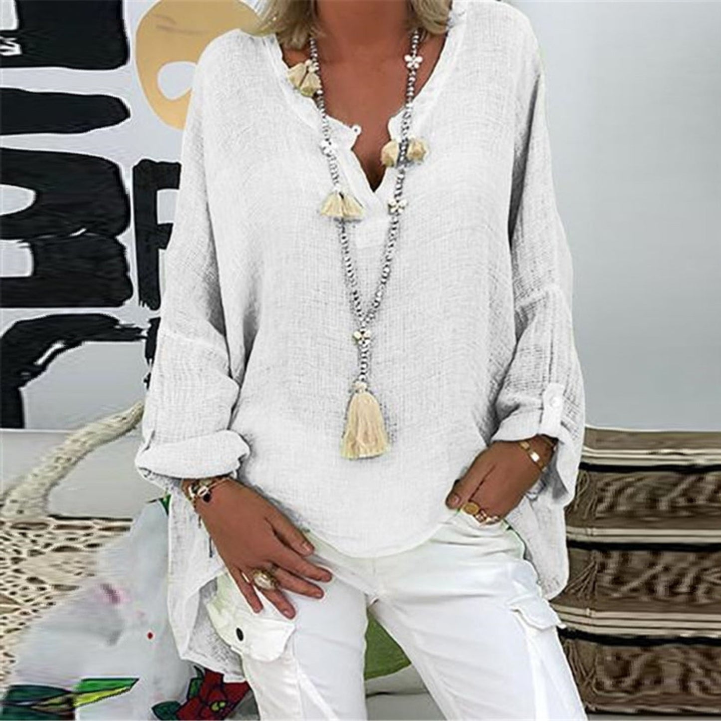 Linnen Dames Blouse Stijlvol Elegante Vrouwelijke Tops
