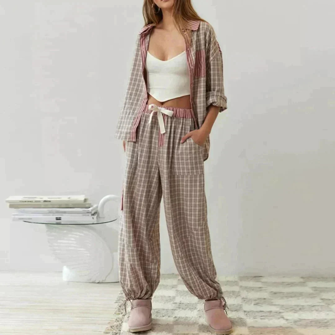 Geruite Pyjama Set Lange Mouwen Zacht en Warm - Mode Vibes
