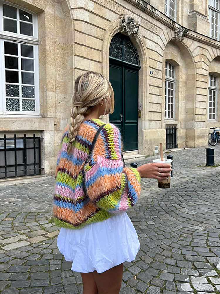 Kleurrige Patchwork Cardigan voor Dames – Zachte Gebreide Trui voor Herfst en Winter