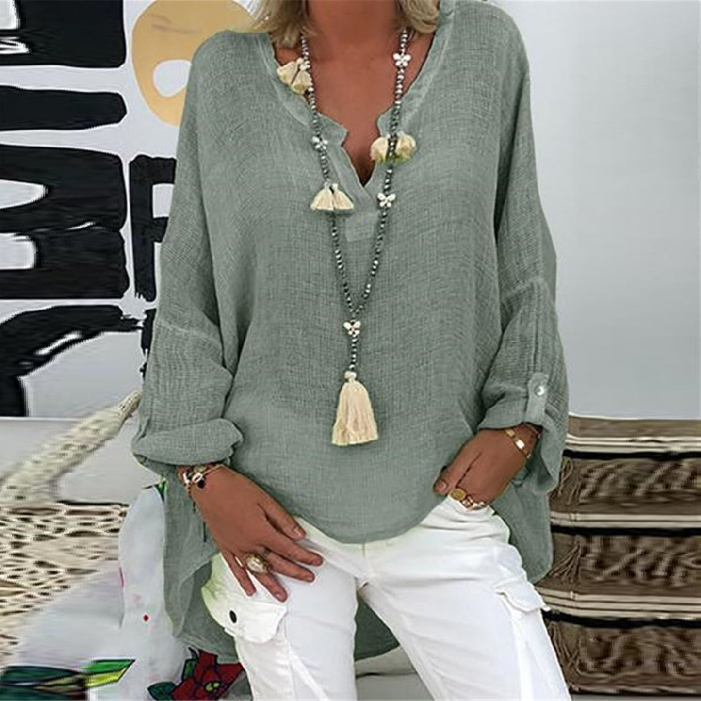 Linnen Dames Blouse Stijlvol Elegante Vrouwelijke Tops - Mode Vibes