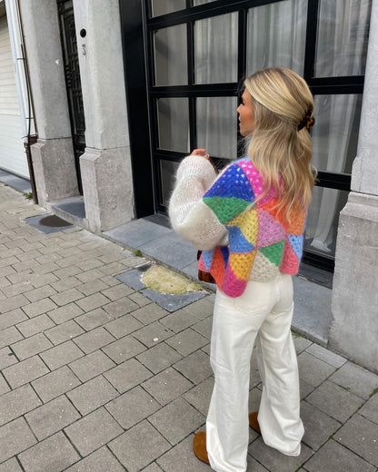 Kleurrige Patchwork Cardigan voor Dames – Zachte Gebreide Trui voor Herfst en Winter