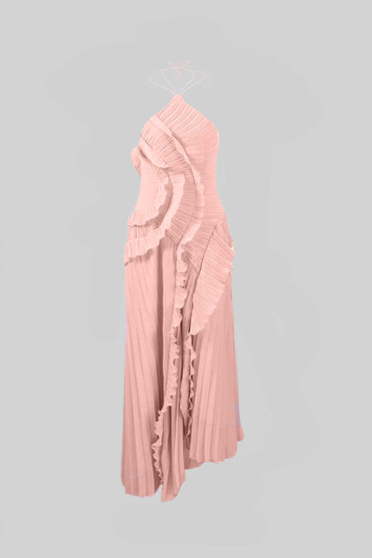 Geplooide Halter Midi Jurk met Waterval Ruches – Roze