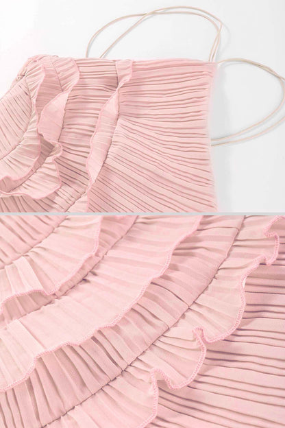Geplooide Halter Midi Jurk met Waterval Ruches – Roze