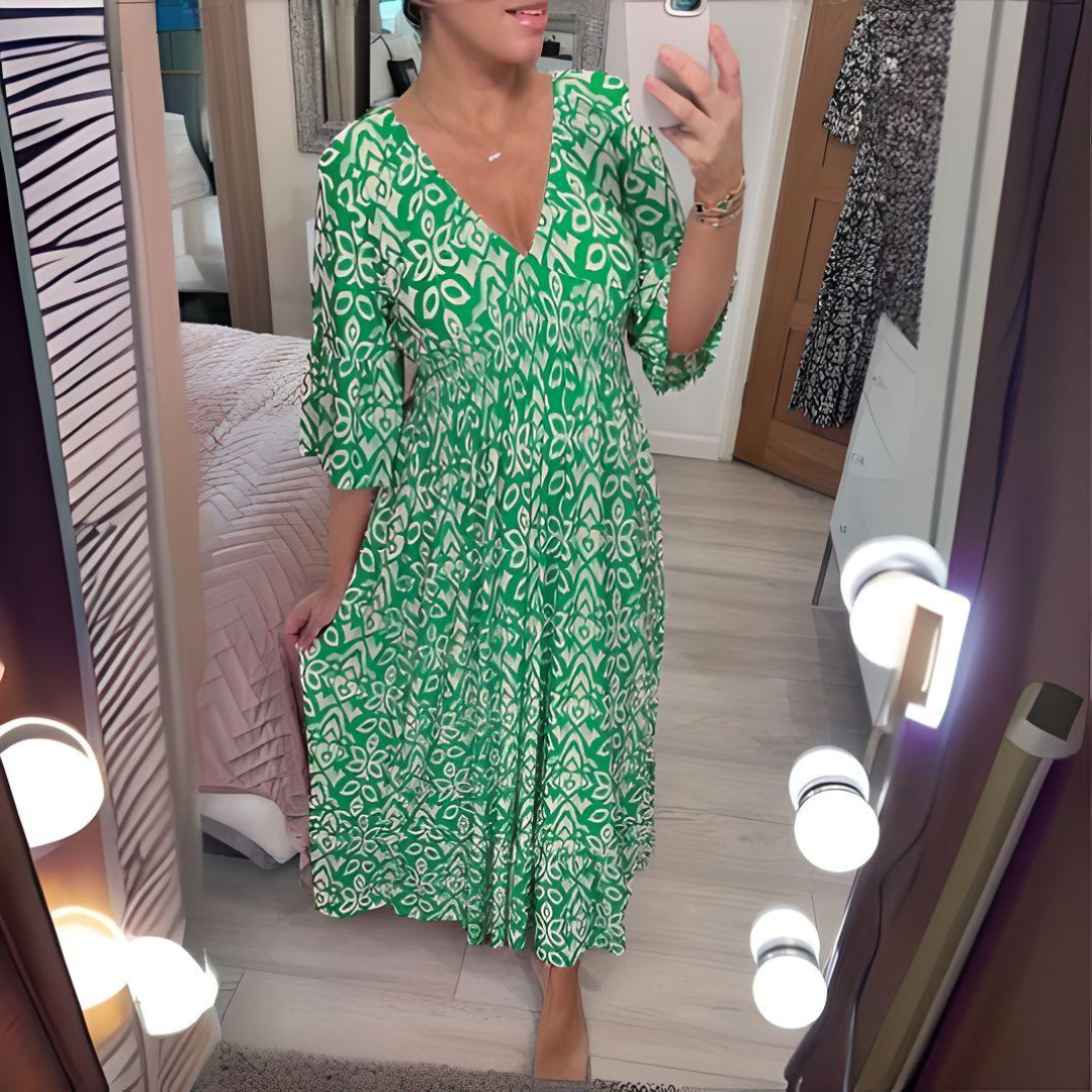 Boho Jurk Enkellang met V-hals en Grafisch Patroon