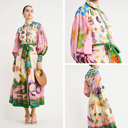 Babette - Pitkä vintage-kuvioitu mekko - Ainutlaatuinen tyyli-Mekot-EmiyoSuomi