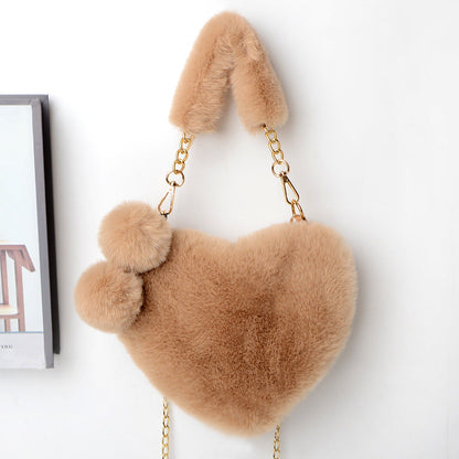Dames Plush Handtas Hartvorm Met Ketting Detail