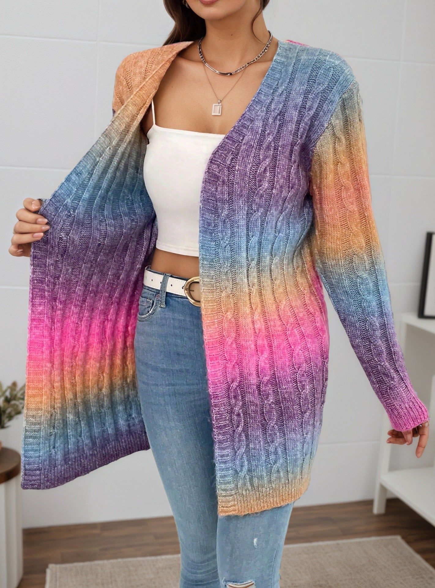 Dames Gebreide Vest Regenboog Kleuren Warm en Stijlvol
